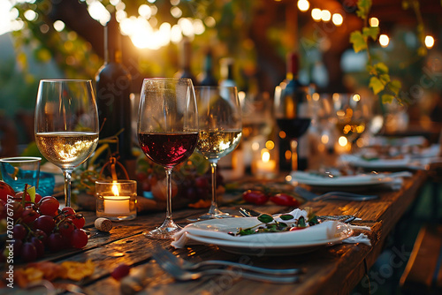 Summer outdoor dinner, with lights in sunset, table with glasses and plates, setted and waiting
