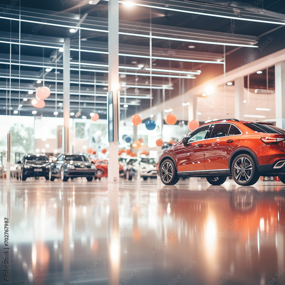 New modern car showroom waiting for sales blurred image abstract background - obrazy, fototapety, plakaty 