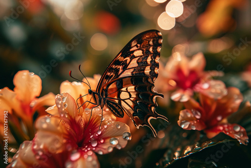 butterfly landing on a flower, dewdrops on petals