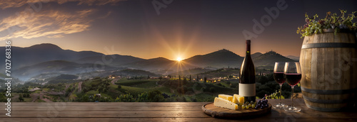 Wine bottles and glasses, wooden wine barrel in winery, sunset over valley, hills. Panoramic banner, header, background for restaurant, hotel, tuscany, tourism, travel. Generative AI. photo