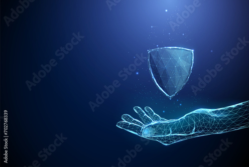 Abstract blue giving hand with 3d guard shield. Medicine protection, cyber security and insurance concept Low poly style