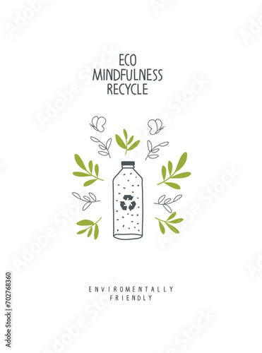 Vector sign of Environmentally friendly planet.
Protect the World from pollution concept. Hand drawn sign recycle on the plastic plastic bottle 
Plastic free ecological concept. 