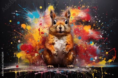  a digital painting of a squirrel with paint splatters all over it's body and a black background. © Shanti