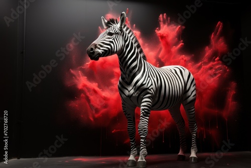  a statue of a zebra standing in front of a painting of a red sky with clouds and clouds behind it.