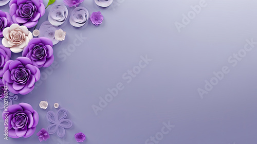Purple paper flowers on a purple background with confetti. This vibrant and festive asset is great for wedding invitations, greeting cards, party decorations,  Mother's Day and Valentine Day