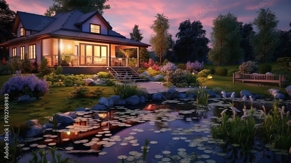 Lonely illuminated villa in nature by a pond at dusk - obrazy, fototapety, plakaty 