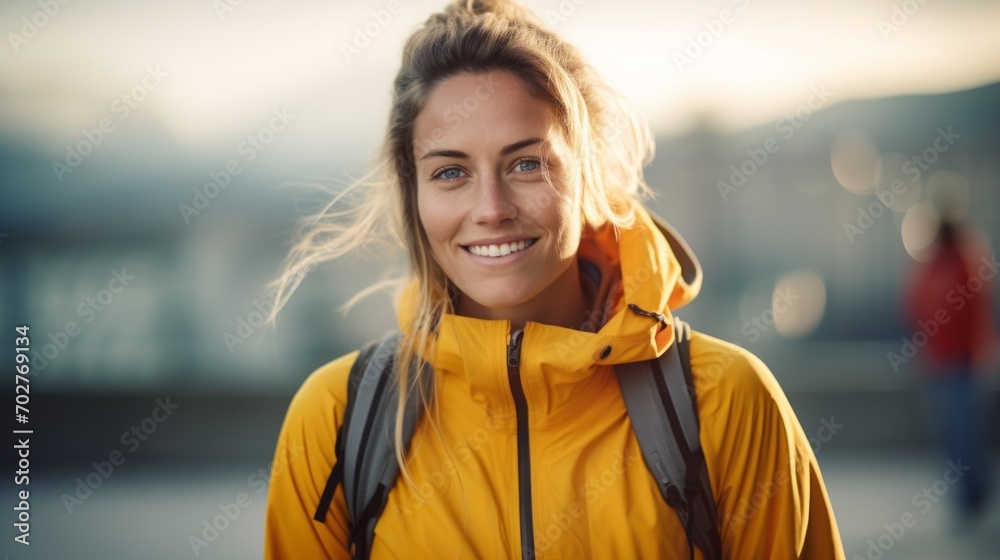 Fototapeta premium portrait of attractive middle aged woman in sportive outfit, hiking outdoor in the mountains