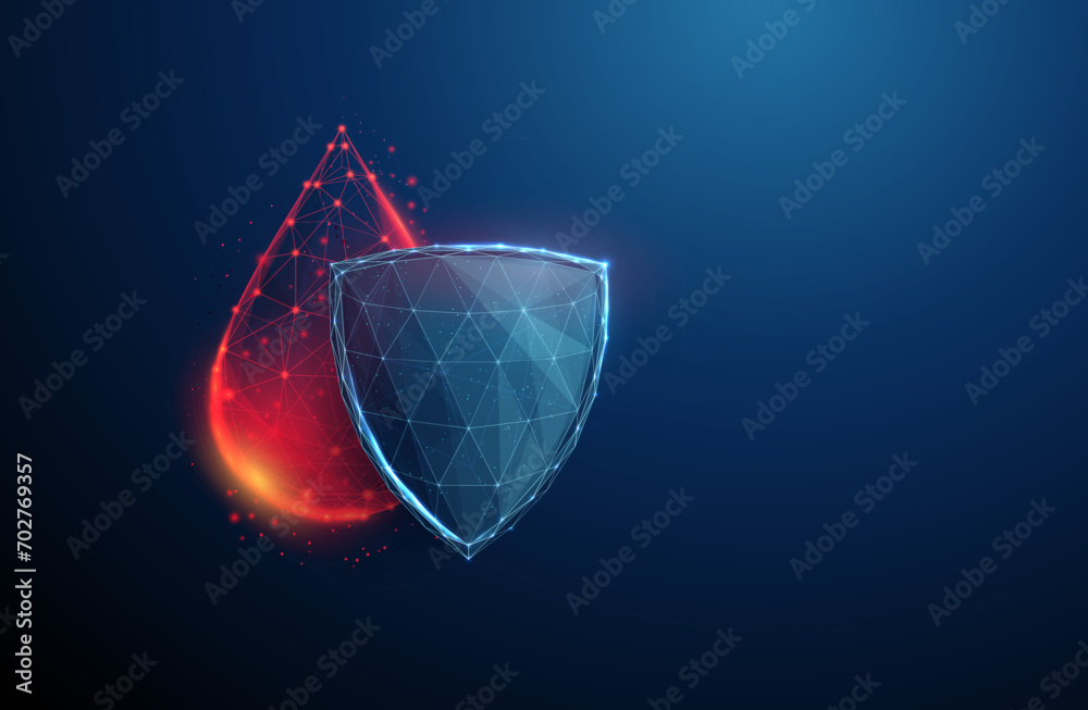 Abstract red drop of blood behind the blue futuristic guard shield. Medical blood protection concept. Low poly style. - obrazy, fototapety, plakaty 