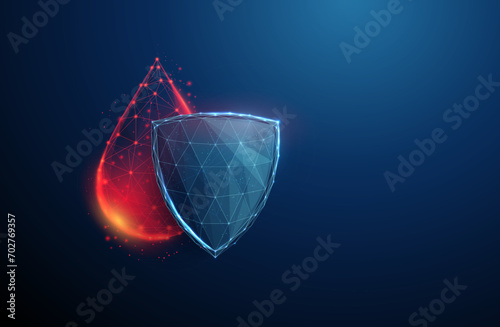Abstract red drop of blood behind the blue futuristic guard shield. Medical blood protection concept. Low poly style. photo