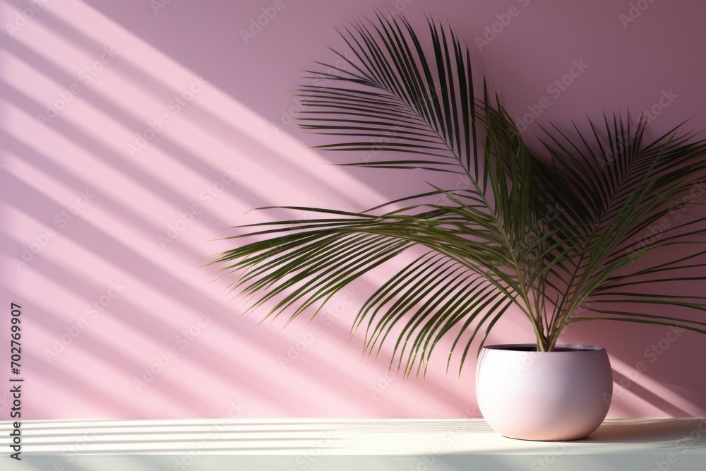 a palm tree in a white planter against a pink wall with a shadow of a palm tree on it. a palm tree in a white planter against a pink wall with a shadow of a palm tree on it.
