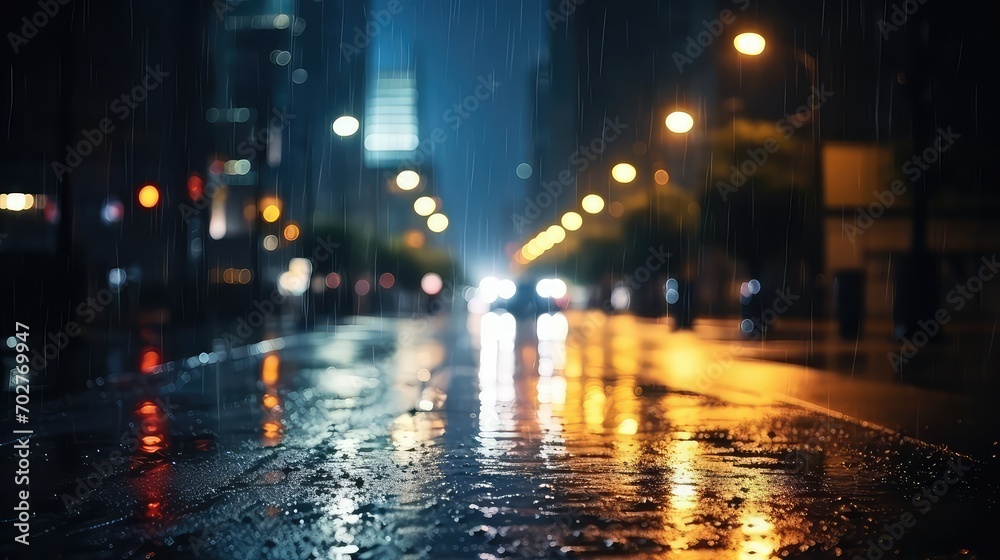 Raindrops on the asphalt in the city at night. Blurred background