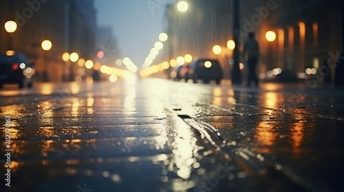Raindrops on the street in the city. Blurred background.