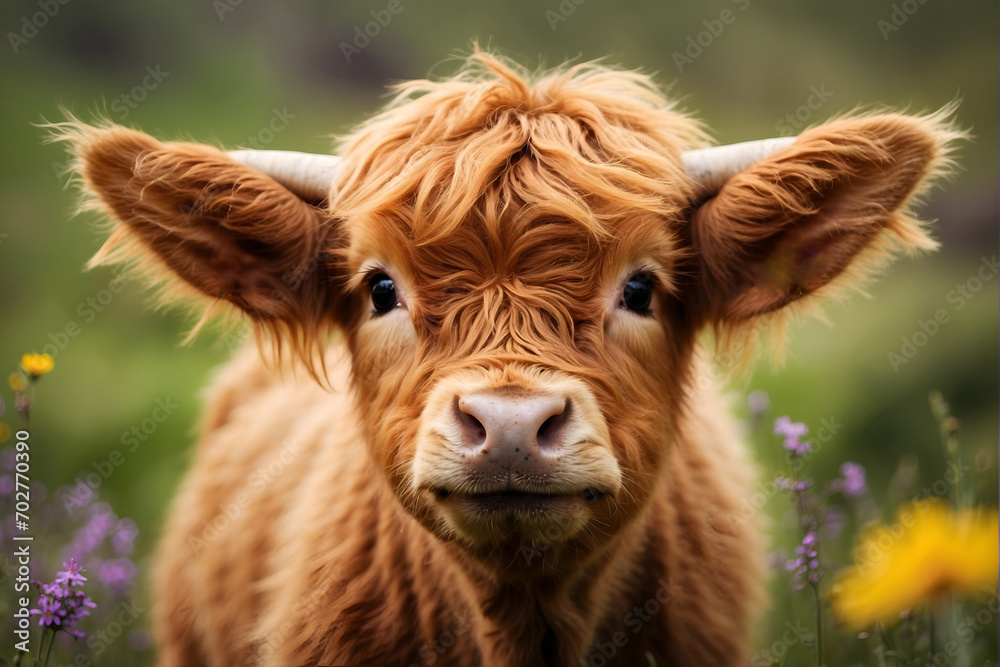highland cow calf in the meadow with spring flowers