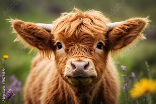 highland cow calf in the meadow with spring flowers