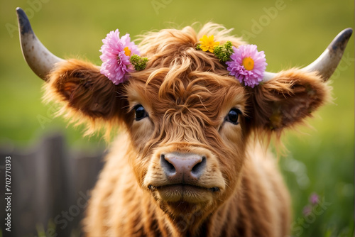 highland cow calf in the meadow with spring flower wreath on its head photo