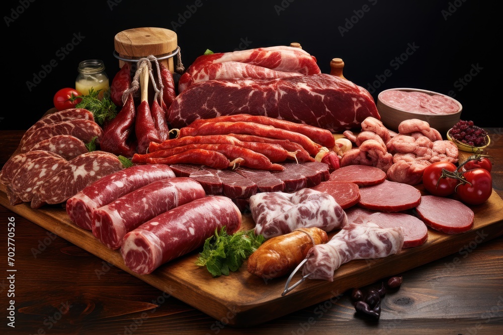  a variety of meats on a cutting board with a jar of mustard and a jar of ketchup.