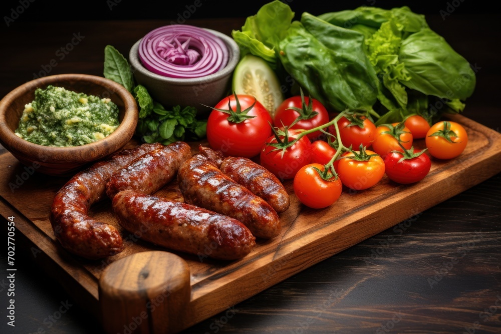 a wooden cutting board topped with sausages, tomatoes, lettuce, and a bowl of pesto. a wooden cutting board topped with sausages, tomatoes, lettuce, and a bowl of pesto.