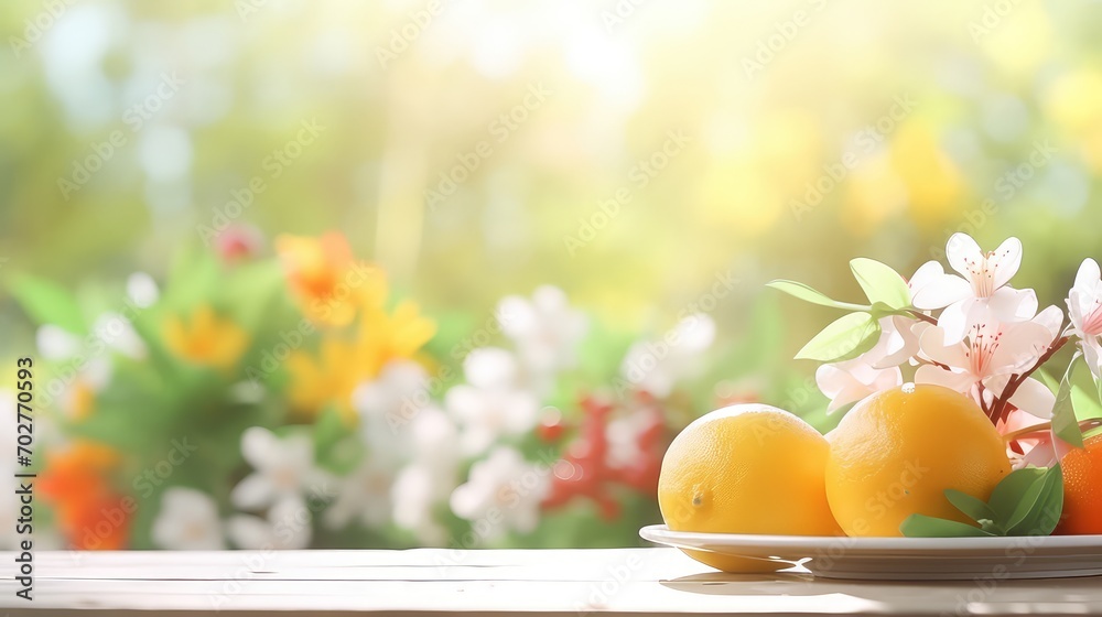 Fresh lemons and flowers on wooden table against blurred spring garden background Fresh lemons and flowers on wooden table against blurred spring garden background