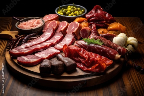  a platter of meats and vegetables on a wooden platter with a bowl of olives and peas.