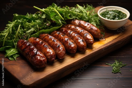  a wooden cutting board topped with lots of sausages next to a bowl of greens and a small bowl of sauce.