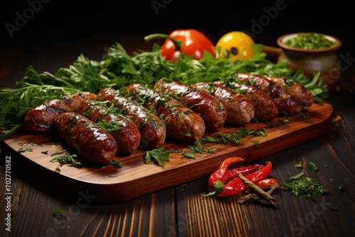  a wooden cutting board topped with sausages covered in ketchup and garnished with herbs and peppers.