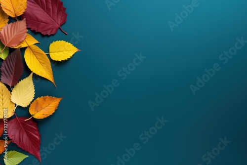  colorful leaves on a blue background with a place for a text or an image to put on a card or brochure.