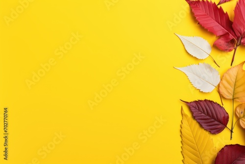  autumn leaves on a yellow background with copy - space in the middle for a text or an image to put on a card or brochure.