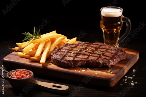  a steak and french fries on a cutting board with a mug of beer and a small bowl of ketchup.