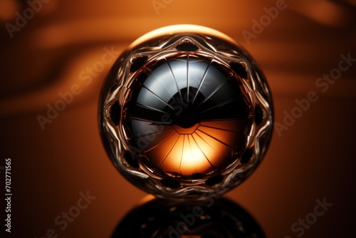  a close up of a glass object with a light in the middle of the image and a brown background behind it.