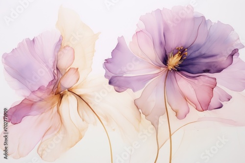  a close up of two purple flowers on a white background with a blurry image of one flower and the other flower.