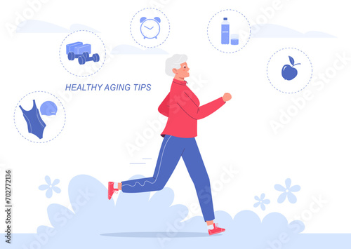 Elderly woman running in the park. Outdoor running activity and healthy lifestyle in old age. Fitness, swimming, healthy eating and daily routine.