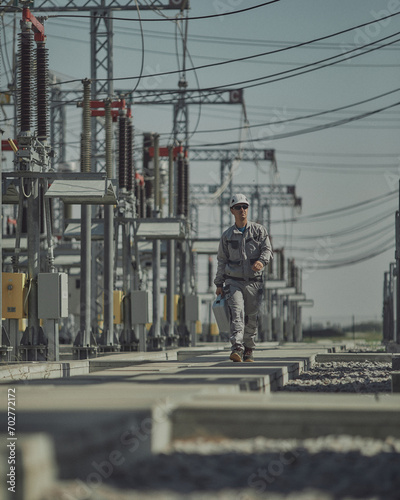 A power plant employee carries his equipment