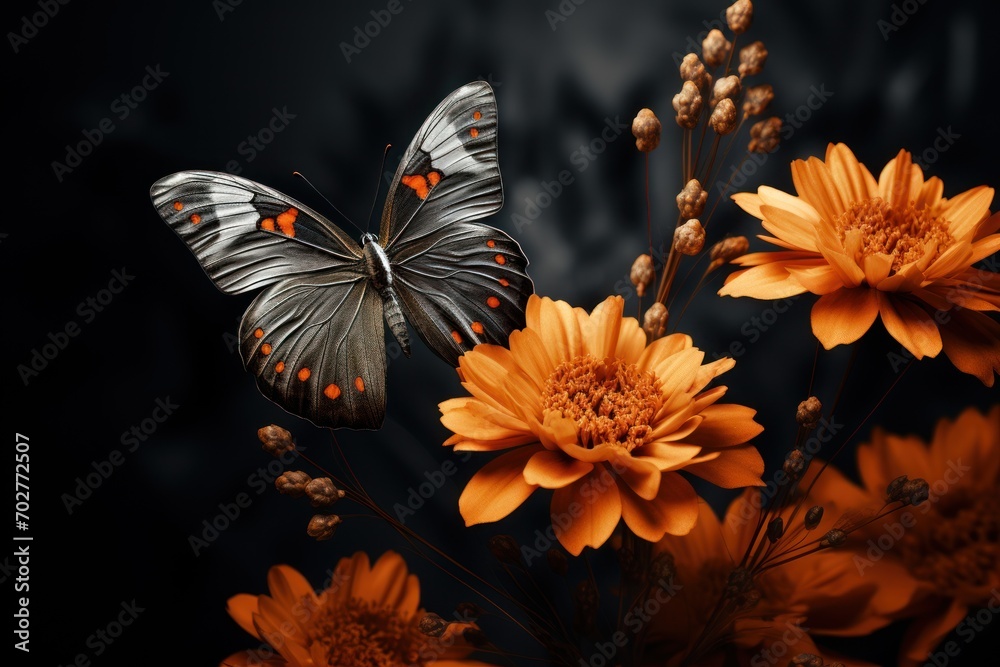 a close up of a butterfly on a plant with flowers in the foreground and a black background behind it.