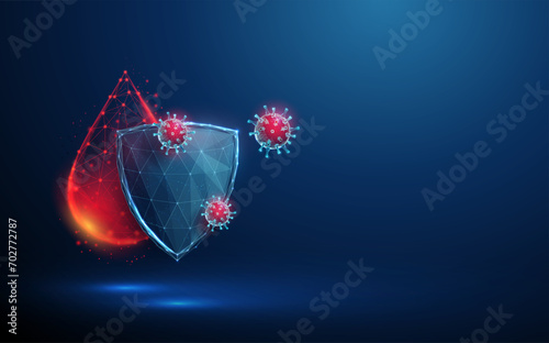 Abstract red drop of blood behind the blue guard shield attacked by viruses. Low poly style. Virus protection concept.