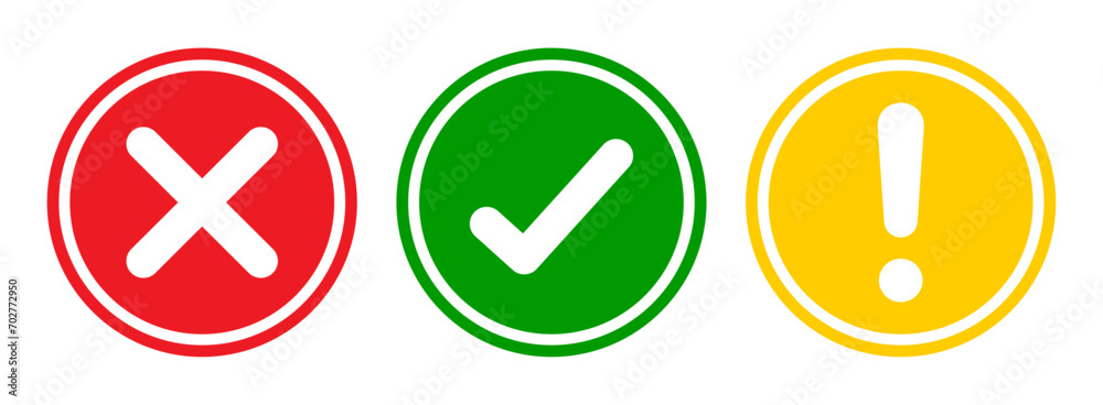 Right, Wrong, Exclamation mark in new style. Vector set of flat round check mark, X mark icons, exclamation point. Checkmark, exclamation round sign, X mark -stock vector. Vector illustration Right, Wrong, Exclamation mark in new style. Vector set of flat round check mark, X mark icons, exclamation point. Checkmark, exclamation round sign, X mark -stock vector. Vector illustration