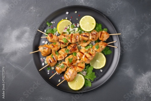  a plate of chicken skewers, garnished with cilantro, onions, and garnishes.
