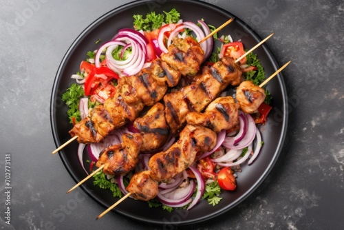  a plate of chicken skewers with onions, tomatoes, onions, and lettuce on skewers.