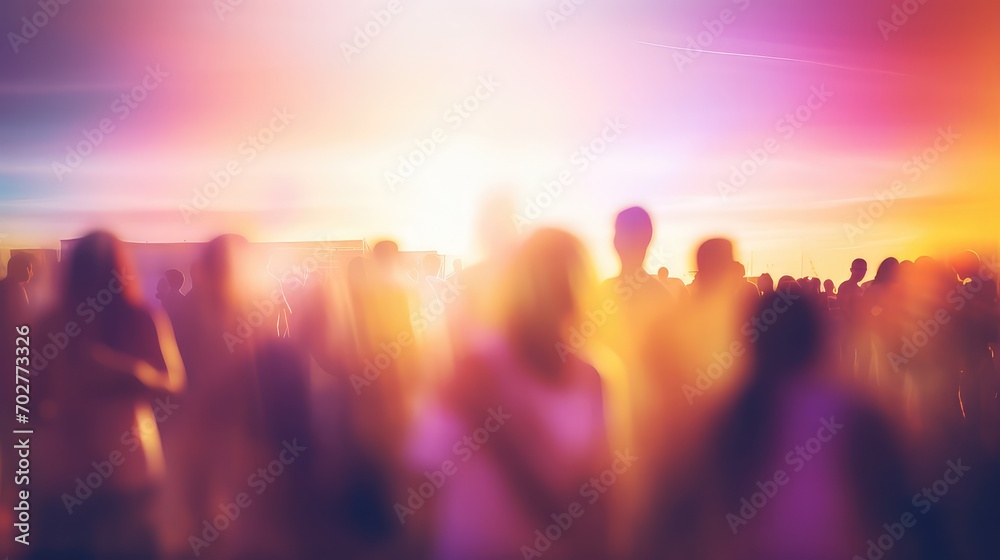 Festival event party outdoor, blurred people background, sunset lights decoration - obrazy, fototapety, plakaty 