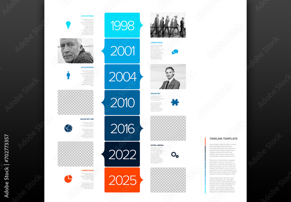 Simple vertical blue timeline process infographic with big year and photo placeholders