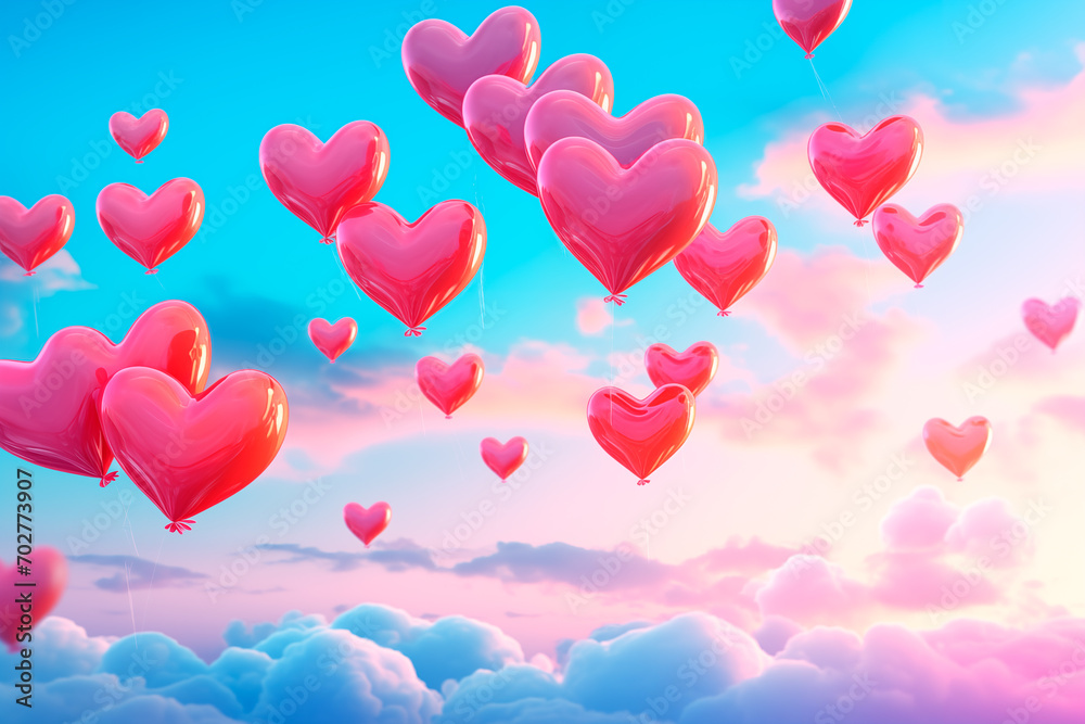 Red heart-shaped balloons fly into the blue sky with clouds.