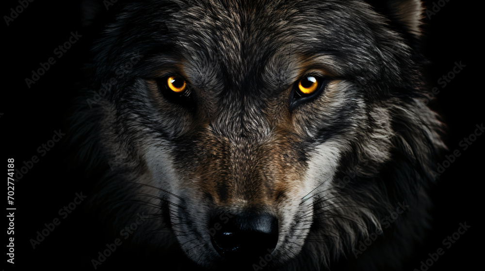A close up of a wolfs face with an intense look