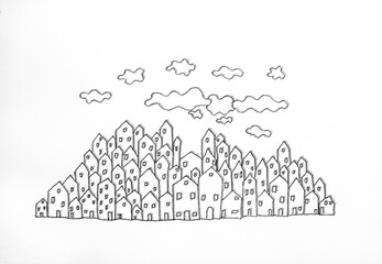 Acrylglasbilder Surrealismus Freehand pastel drawing of a village in black and white  © vali_111