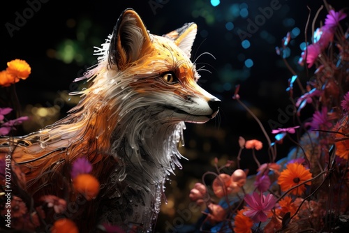  a close up of a painting of a fox in a field of flowers with a bright light in the background.