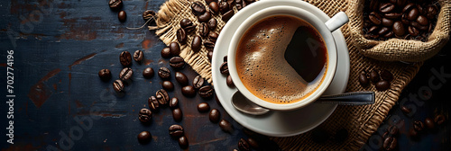 Top view of Cup of coffee and coffee beans in a sack on dark background.