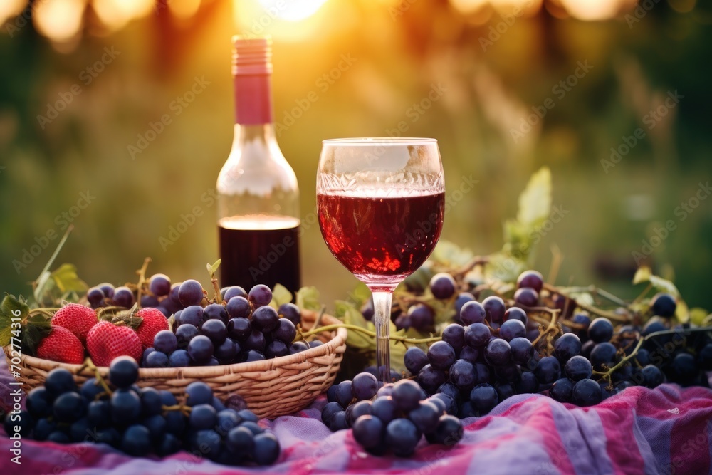  a table topped with a basket of grapes next to a glass of wine and a bottle of wine on top of a table.