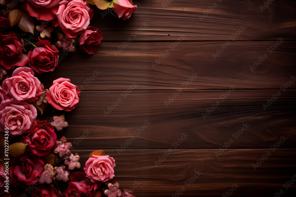 pink and red roses on brown wooden background pink and red roses on brown wooden background