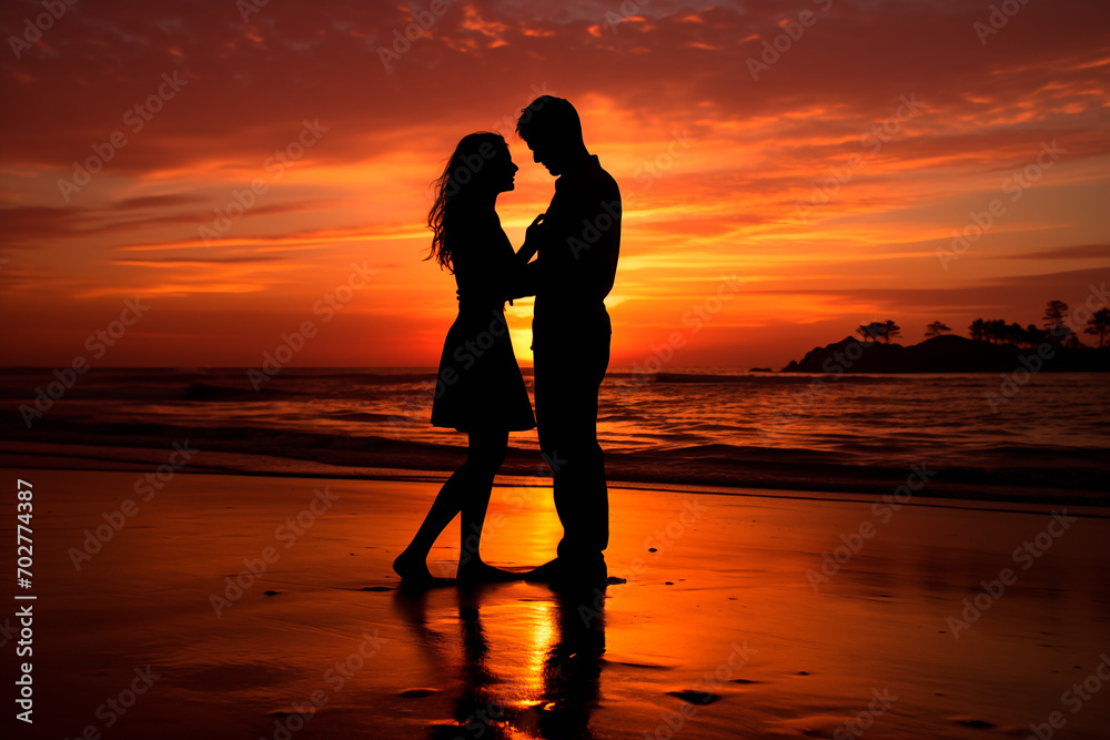 silhouette of a couple in love at sunset on the beach