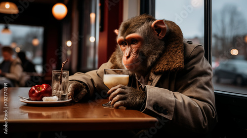 Sad lonely monkey in a cafe. Generative AI photo