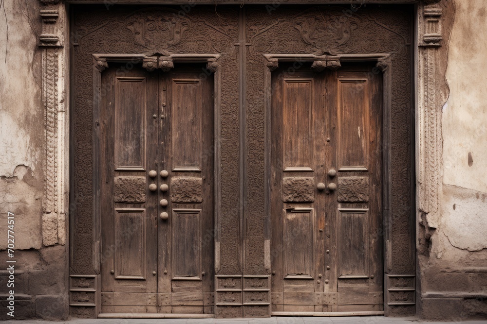Old ancient wooden doors with finely detailed and complex carvings