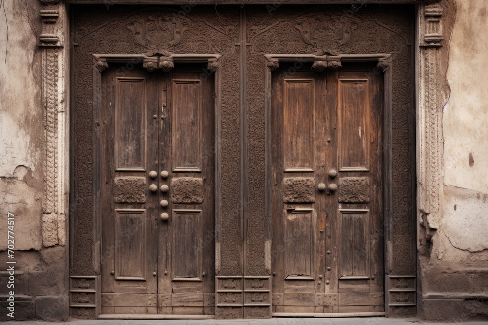 Old ancient wooden doors with finely detailed and complex carvings Old ancient wooden doors with finely detailed and complex carvings